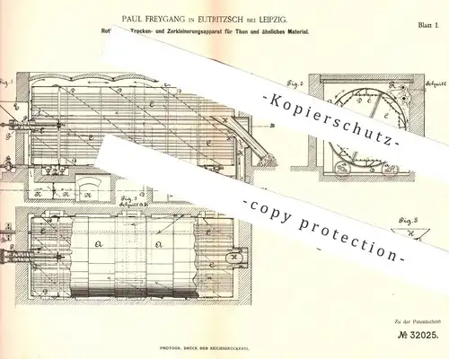 original Patent - Paul Freygang , Leipzig / Eutritzsch , 1884 , Trocknen u. Zerkleinern von Ton per Rotation | Brennofen