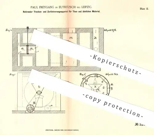 original Patent - Paul Freygang , Leipzig / Eutritzsch , 1884 , Trocknen u. Zerkleinern von Ton per Rotation | Brennofen