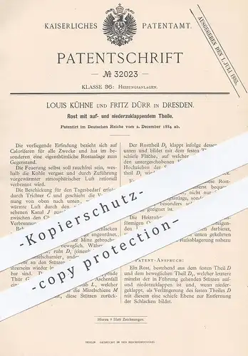 original Patent - Louis Kühne , Fritz Dürr , Dresden , 1884 , festes u. bewegliches Rost | Ofenrost , Heizung , Ofen !!