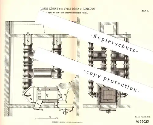 original Patent - Louis Kühne , Fritz Dürr , Dresden , 1884 , festes u. bewegliches Rost | Ofenrost , Heizung , Ofen !!