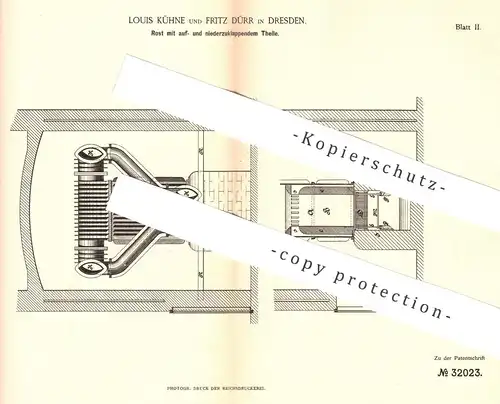 original Patent - Louis Kühne , Fritz Dürr , Dresden , 1884 , festes u. bewegliches Rost | Ofenrost , Heizung , Ofen !!