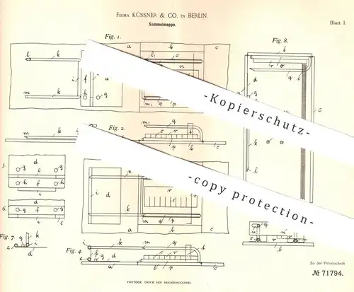 original Patent - Küssner & Co. Berlin , 1893 , Sammelmappe | Mappe , Ordner , Buchbinder , Buch , Papier , Papierfabrik