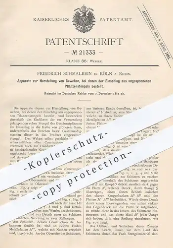 original Patent - Friedrich Schmalbein , Köln / Rhein , 1881 , Herstellung von Gewebe | Stoff , Weber , Weben , Weberei