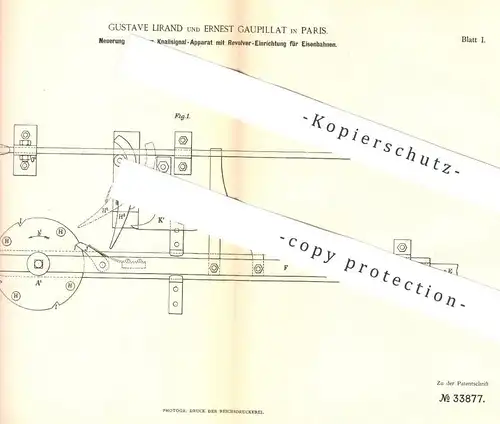 original Patent - Gustave Lirand , Ernest Gaupillat , Paris , Frankreich , 1885 , Signal mit Revolver für Eisenbahn !!