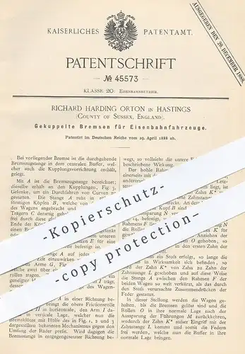 original Patent - Richard Harding Orton , Hastings , County of Sussex , England , 1888 , Eisenbahn - Bremse | Bremsen !