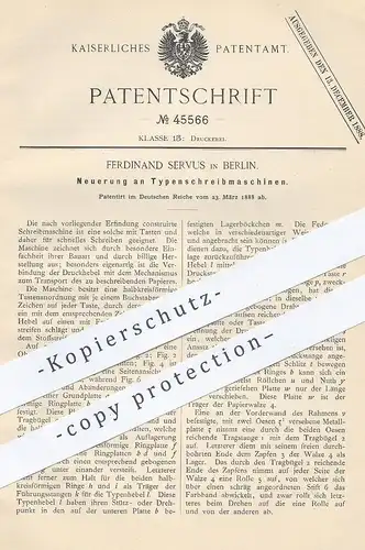 original Patent - Ferdinand Servus , Berlin , 1888 , Typenschreibmaschine | Typen - Schreibmaschine | Druck , Druckerei