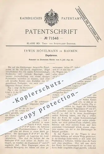 original Patent - Erwin Hövelmann , Barmen  1892 , Ziegelpresse | Ziegel - Presse | Pressen , Ziegelei , Tonziegel , Ton