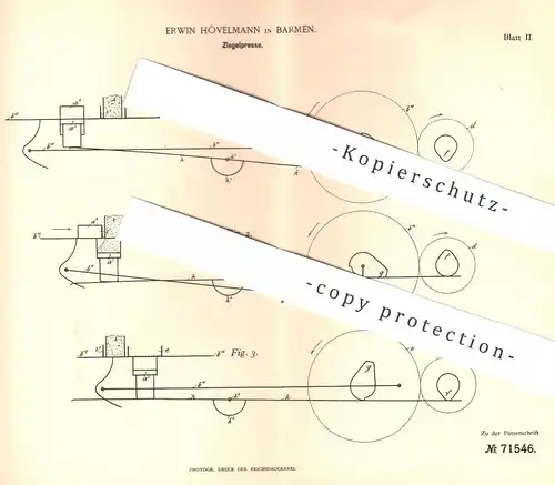 original Patent - Erwin Hövelmann , Barmen  1892 , Ziegelpresse | Ziegel - Presse | Pressen , Ziegelei , Tonziegel , Ton