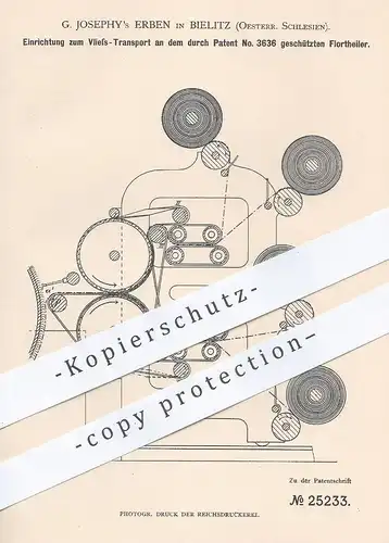 original Patent - G. Josephy's Erben , Bielitz , Schlesien , 1883 , Vlies - Transport am Florteiler | Spinnen , Flor