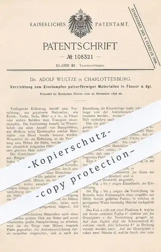 original Patent - Dr. Adolf Wultze , Berlin / Charlottenburg , 1898 , Einstampfen von Kreide , Farbe , Pulver in Fässer