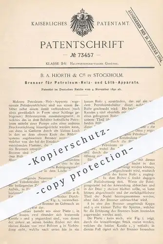original Patent - B. A. Hjorth & Cie. , Stockholm , Schweden , 1892 , Brenner für Petroleum-Heiz- u. Lötapparate | Löten