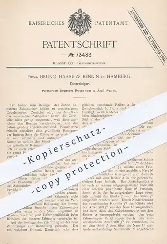 original Patent - Bruno Haase & Bennin , Hamburg , 1893 , Zahnreiniger | Zahn , Zähne , Zahnbürste , Zahnarzt !!