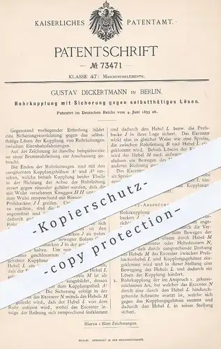 original Patent - Gustav Dickertmann , Berlin , 1893 , Rohrkupplung | Kupplung an Eisenbahn - Rohrleitungen | Lokomotive