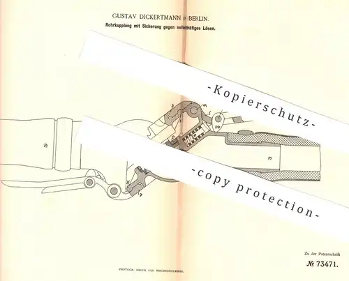 original Patent - Gustav Dickertmann , Berlin , 1893 , Rohrkupplung | Kupplung an Eisenbahn - Rohrleitungen | Lokomotive