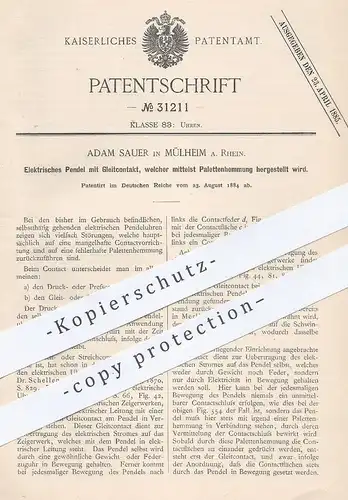 original Patent - Adam Sauer , Mülheim / Ruhr 1884 , Elektrisches Pendel für Uhren | Uhr , Pendeluhr , Uhrwerk | Merling