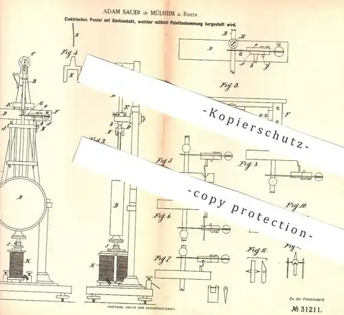 original Patent - Adam Sauer , Mülheim / Ruhr 1884 , Elektrisches Pendel für Uhren | Uhr , Pendeluhr , Uhrwerk | Merling