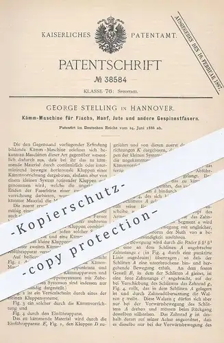 original Patent - George Stelling , Hannover , 1886 , Kämmmaschine für Flachs , Hanf , Jute | Spinnen , Spinnmaschine !!