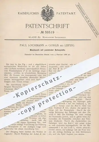 original Patent - Paul Lochmann , Leipzig / Gohlis 1886 , Musikwerk mit pendelnder Notenplatte | Musikinstrument , Musik