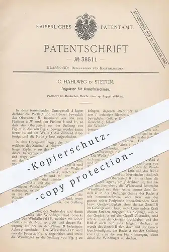original Patent - C. Hahlweg , Stettin , 1886 , Regulator für Dampfmaschinen | Motor , Motoren , Kraftmaschine !!!