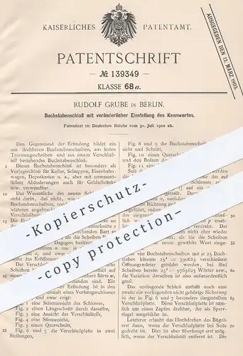 original Patent - Rudolf Grube , Berlin , 1902 , Schloss mit Buchstaben - Kennwort / Code | Schlosser , Tresor , Safe !!