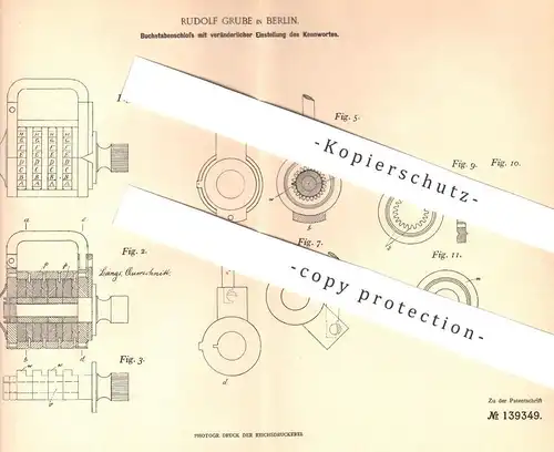 original Patent - Rudolf Grube , Berlin , 1902 , Schloss mit Buchstaben - Kennwort / Code | Schlosser , Tresor , Safe !!
