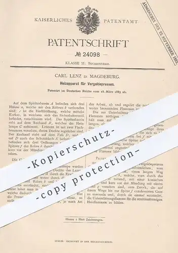 original Patent - Carl Lenz , Magdeburg , 1883 , Heizapparat für Vergoldepressen | Gold , Presse , Buchbinder , Druck !!