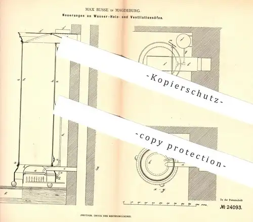 original Patent - Max Busse , Magdeburg , 1883 , Wasserofen , Heizofen , Ventilationsofen | Ofen , Öfen , Ofenbauer !!!