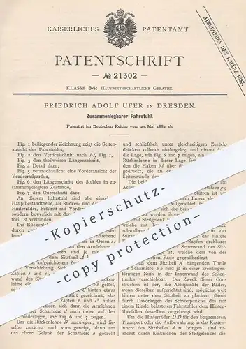 original Patent - Friedrich Adolf Ufer , Dresden , 1882 , Zusammenlegbarer Fahrstuhl , Rollstuhl , Stuhl | Medizin !!!