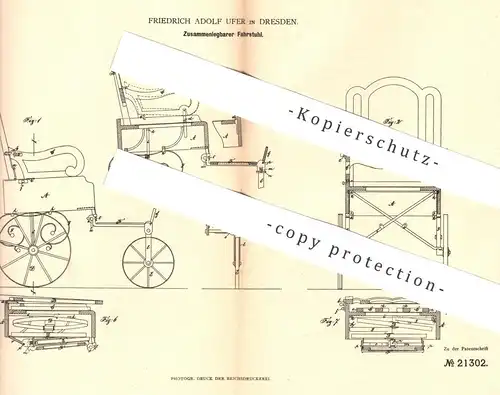 original Patent - Friedrich Adolf Ufer , Dresden , 1882 , Zusammenlegbarer Fahrstuhl , Rollstuhl , Stuhl | Medizin !!!