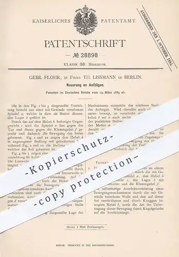 original Patent - Gebr. Flohr | Th. Lissmann , Berlin , 1884 , Aufzug , Aufzüge | Fahrstuhl , Hebezeuge , Förderseil !!