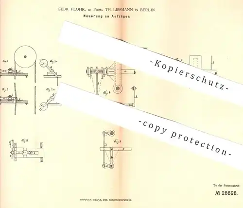 original Patent - Gebr. Flohr | Th. Lissmann , Berlin , 1884 , Aufzug , Aufzüge | Fahrstuhl , Hebezeuge , Förderseil !!