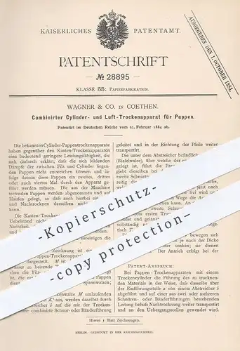 original Patent - Wagner & Co. Koethen , 1884 , Zylinder- u. Luft-Trockenapparat für Pappe | Papier , Karton , Kartonage