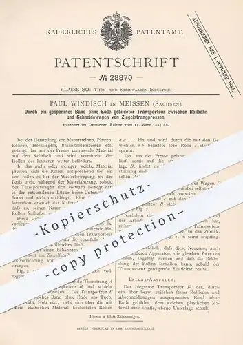 original Patent - Paul Windisch , Meissen , 1884 , Transporteur zwischen Rollbahn u. Schneidewagen von Ziegel - Pressen