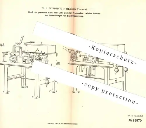 original Patent - Paul Windisch , Meissen , 1884 , Transporteur zwischen Rollbahn u. Schneidewagen von Ziegel - Pressen