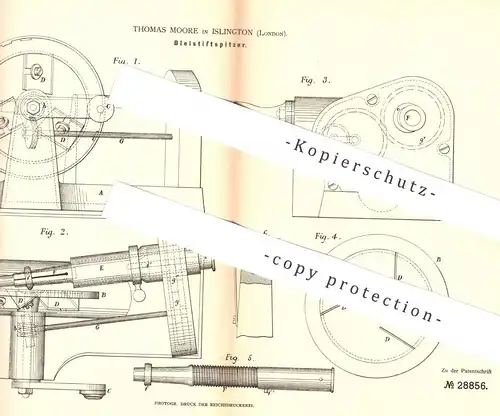 original Patent - Thomas Moore , Islington , London , 1884 , Bleistiftspitzer | Bleistift - Anspitzer | Stift , Schule !