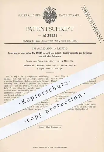 original Patent - Ch. Salzmann , Leipzig , 1884 , Maisch - Destillierapparat für konzentrierte Schlempe | Destillieren !