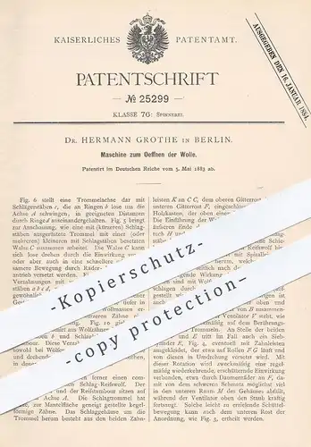 original Patent - Dr. Hermann Grothe , Berlin , 1883 , Maschine zum Öffnen der Wolle | Spinnen , Spinnmaschine , Garn !