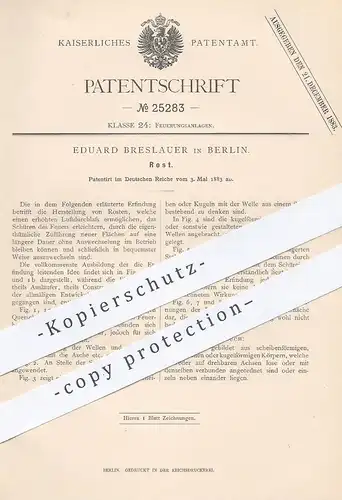 original Patent - Eduard Breslauer , Berlin , 1883 , Rost | Ofenrost , Ofen , Öfen , Heizung , Feuerung , Ofenbauer !!!