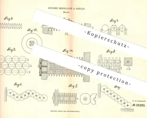 original Patent - Eduard Breslauer , Berlin , 1883 , Rost | Ofenrost , Ofen , Öfen , Heizung , Feuerung , Ofenbauer !!!