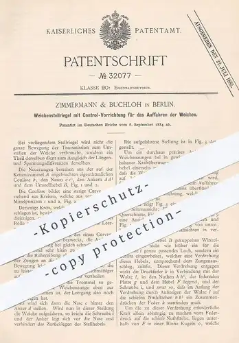 original Patent - Zimmermann & Buchloh , Berlin , 1884 , Weichenstellriegel für das Auffahren der Weichen | Eisenbahn !!