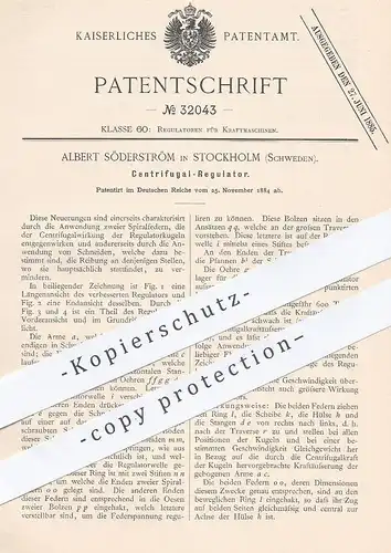 original Patent - Albert Söderström , Stockholm , Schweden , 1884 , Zentrifugal - Regulator | Regulatoren , Motor !!!