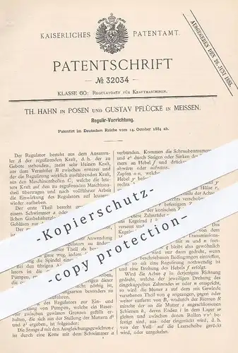 original Patent - Th. Hahn , Posen | Gustav Pflücke , Meissen , 1884 , Regulator für Kraftmaschinen | Motor , Motoren !