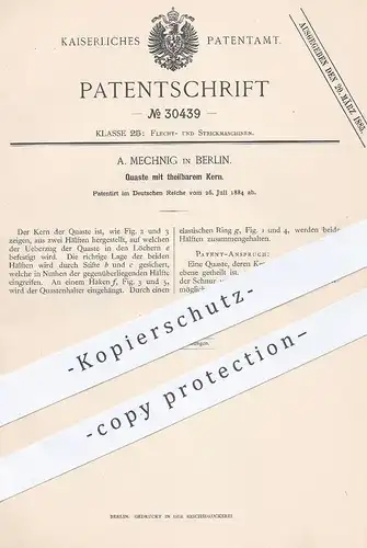 original Patent - A. Meching , Berlin , 1884 , Quaste mit teilbarem Kern | Quasten , Flechten , Stricken , Garn !!!