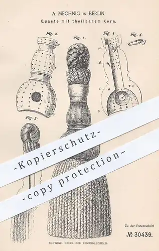 original Patent - A. Meching , Berlin , 1884 , Quaste mit teilbarem Kern | Quasten , Flechten , Stricken , Garn !!!