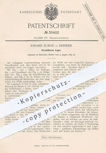 original Patent - Johann Kubon , Dresden , 1884 , Verstellbares Lager für Maschinen | Kugellager , Welle , Lagerschale