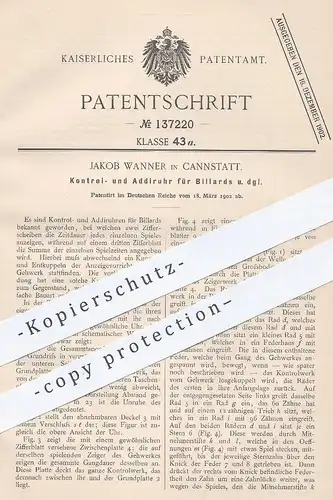 original Patent - Jakob Wanner , Cannstatt / Stuttgart , 1902 , Kontrolluhr und Addieruhr für Billard | Uhr , Uhrwerk !
