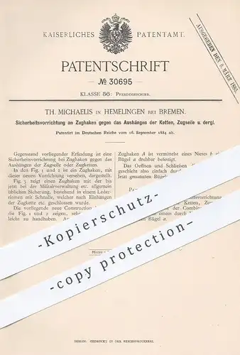original Patent - Th. Michaelis , Hemelingen / Bremen , 1884 , Schutz an Zughaken | Pferdegeschirr , Pferd , Lederriemen