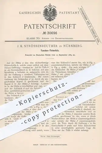 original Patent - J. K. Strössenreuther , Nürnberg , 1884 , Taschen - Tintenfass | Tinte , Schreibfeder , Füllhalter !!