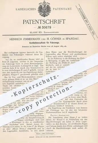 original Patent - Heinrich Zimmermann , H. Görner , Berlin / Spandau, 1884 , Ventilationsaufsatz für Eisenbahn | Gebläse
