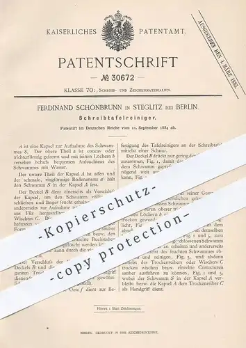 original Patent - Ferdinand Schönbrunn , Berlin / Steglitz , 1884 , Schreibtafelreiniger | Schreibtafel | Tafel , Schule